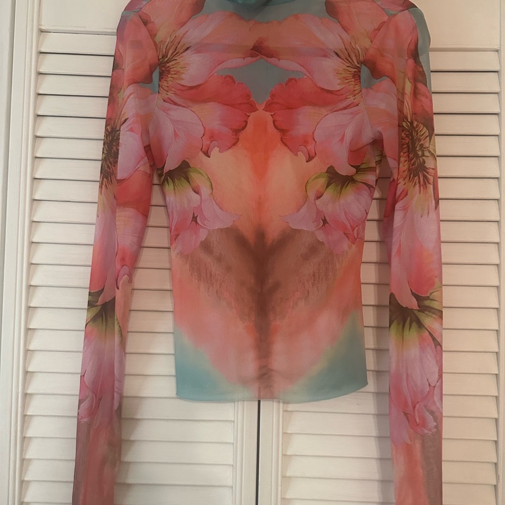 AFRM Pink and Green Floral Sheer Blouse
